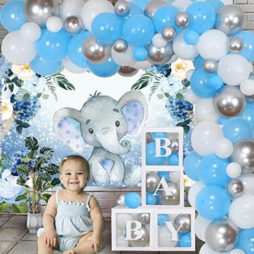 Elefánt Hátteret Baba Zuhany Fiú Lány Születésnapi Party Dekoráció Kék Elefánt Virágos Akvarell Virágot Csillogó Pont Fotózás