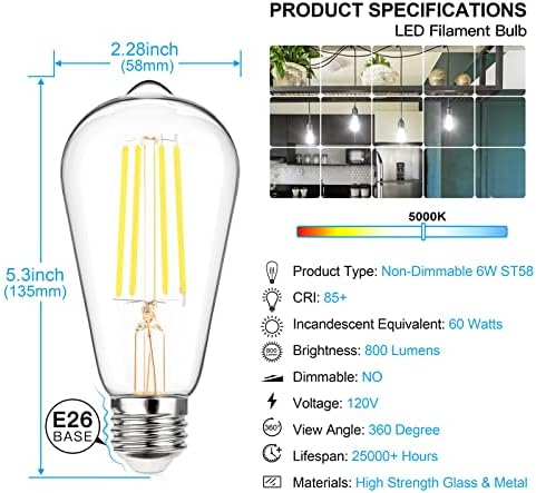 MAXvolador Vintage Edison LED Izzó 60W Egyenértékű 800 lumen, 6W, ST58 LED Izzószálas villanykörte, Napfény, Fehér 5000K