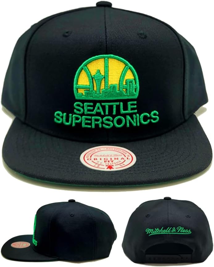 Mitchell & Ness Seattle Supersonics Sonics Új, Fekete, Sárga, Zöld Era Snapback Sapka Kalap