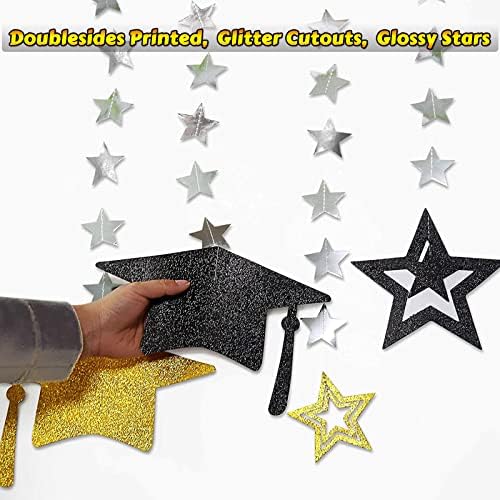 Érettségi Party Dekoráció 2023, Fekete-Arany Congrats Grad Lóg Streamer Dekoráció, Fényes Kap Diplomát Csillagos Sapkát Garland