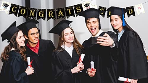 Congrats Grad Banner, Fekete-Arany Csillogó Csillagok Érettségi Kap Garland | Grad Zászló Dekoráció | Gratulálunk Banner